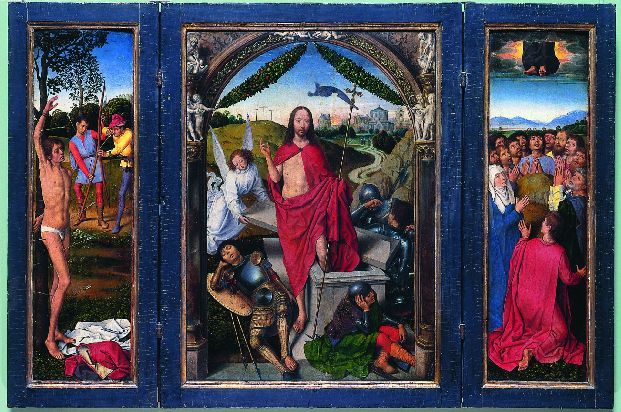 la Résurrection (partie centrale du tryptique peint par  Hans Memling, XVe siècle)