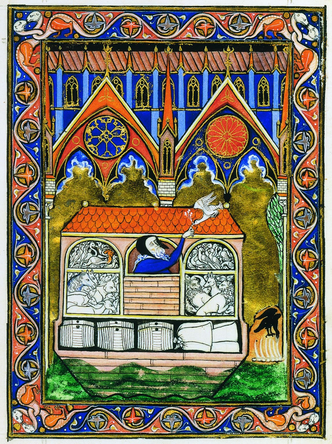 l’arche de Noé au cours du Déluge (miniature, vers 1253-1270). Retour de la colombe, un rameau d’olivier dans le bec. À terre, le corbeau se repaît d’une charogne.