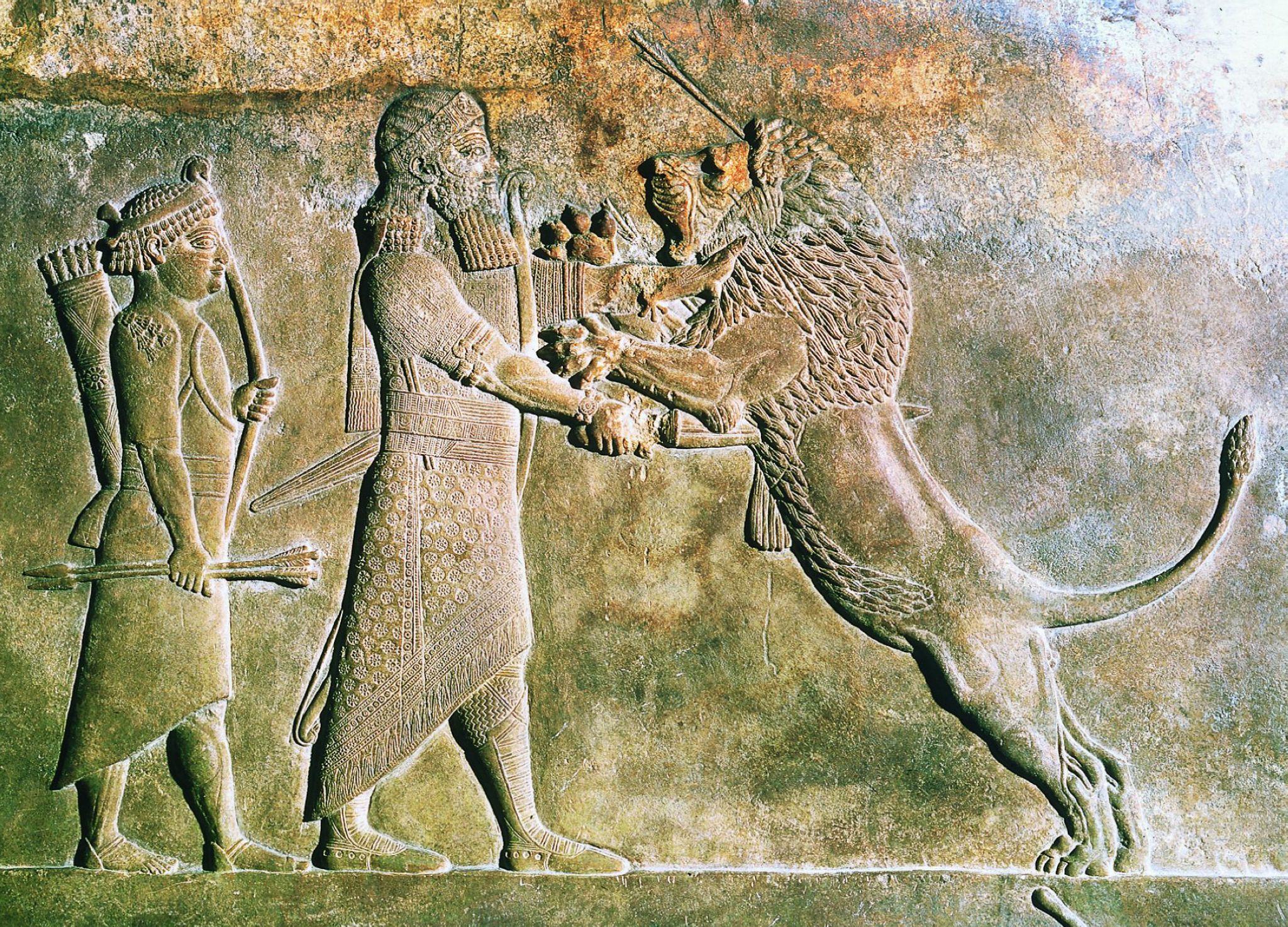 Assourbanipal tuant un lion blessé avec son épée