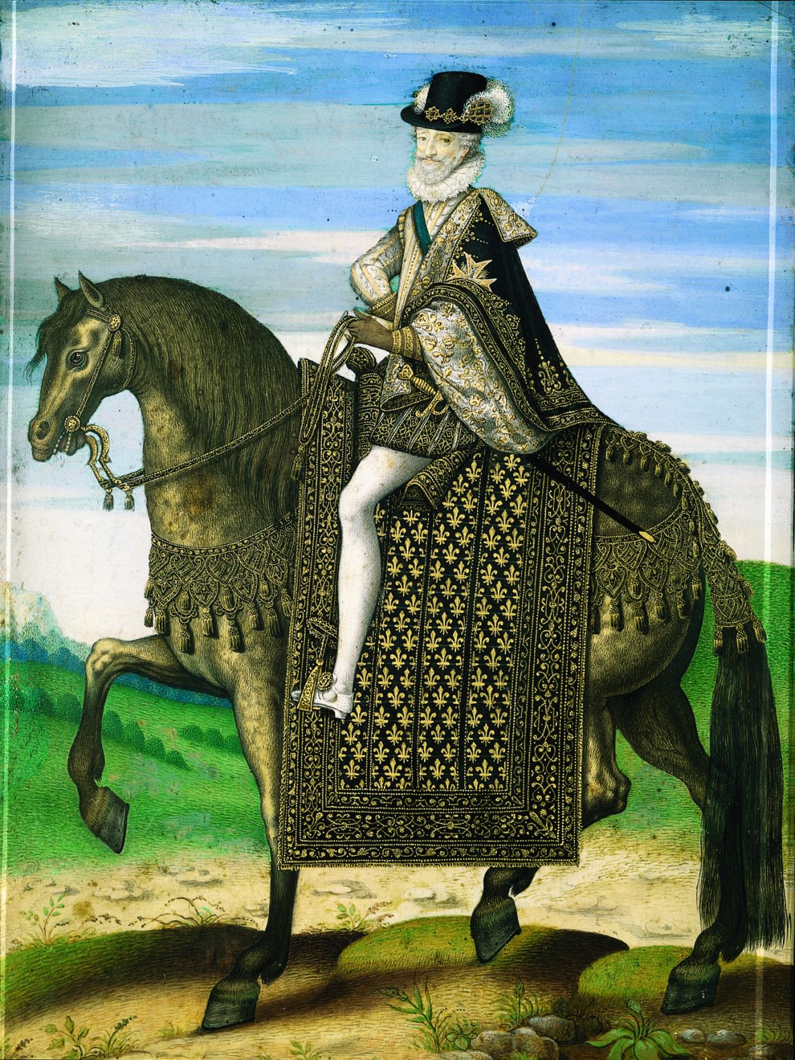 un portrait équestre d’Henri IV, le souverain au panache blanc